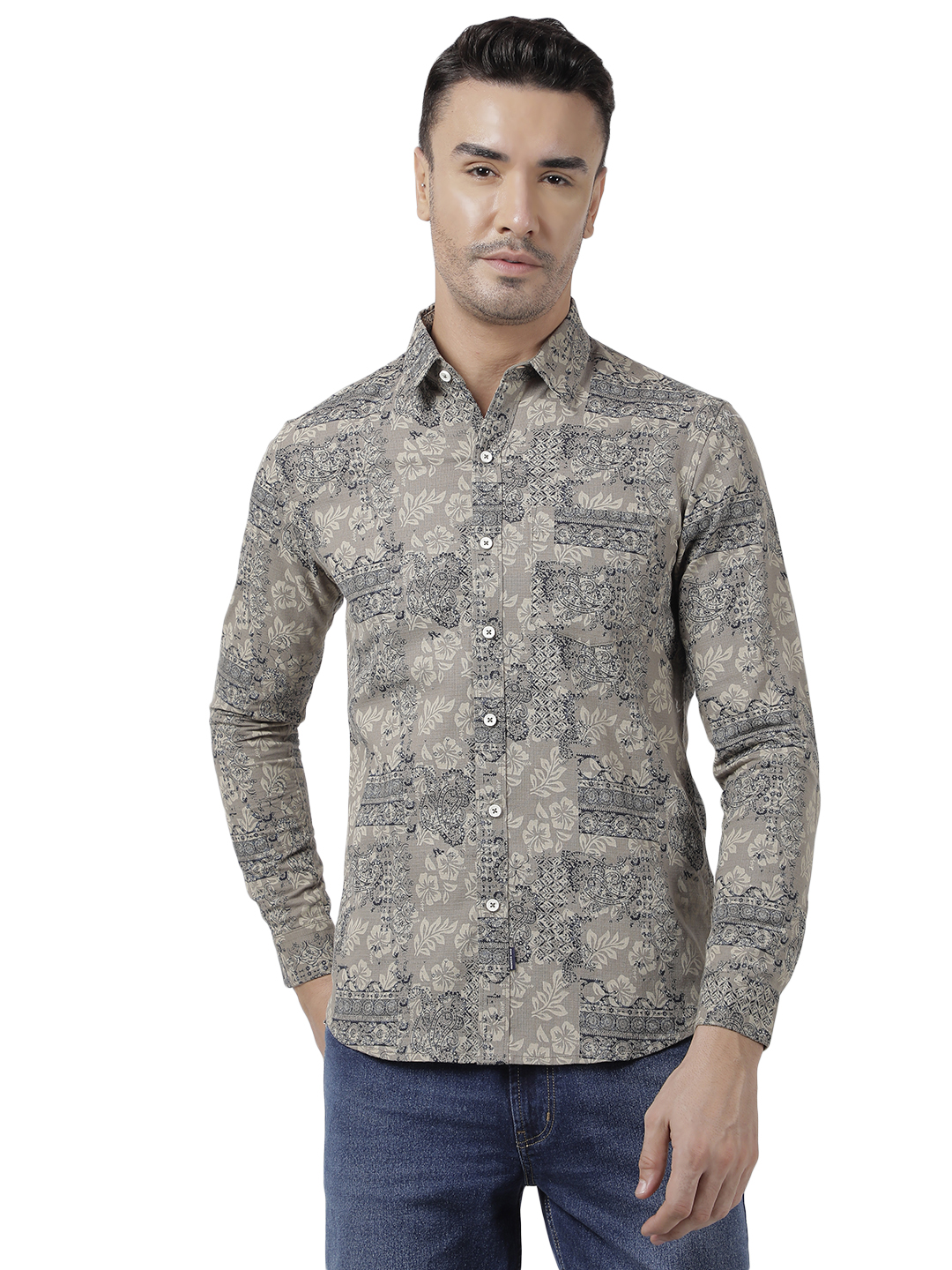 Numero Uno Men Abstract Beige Shirt
